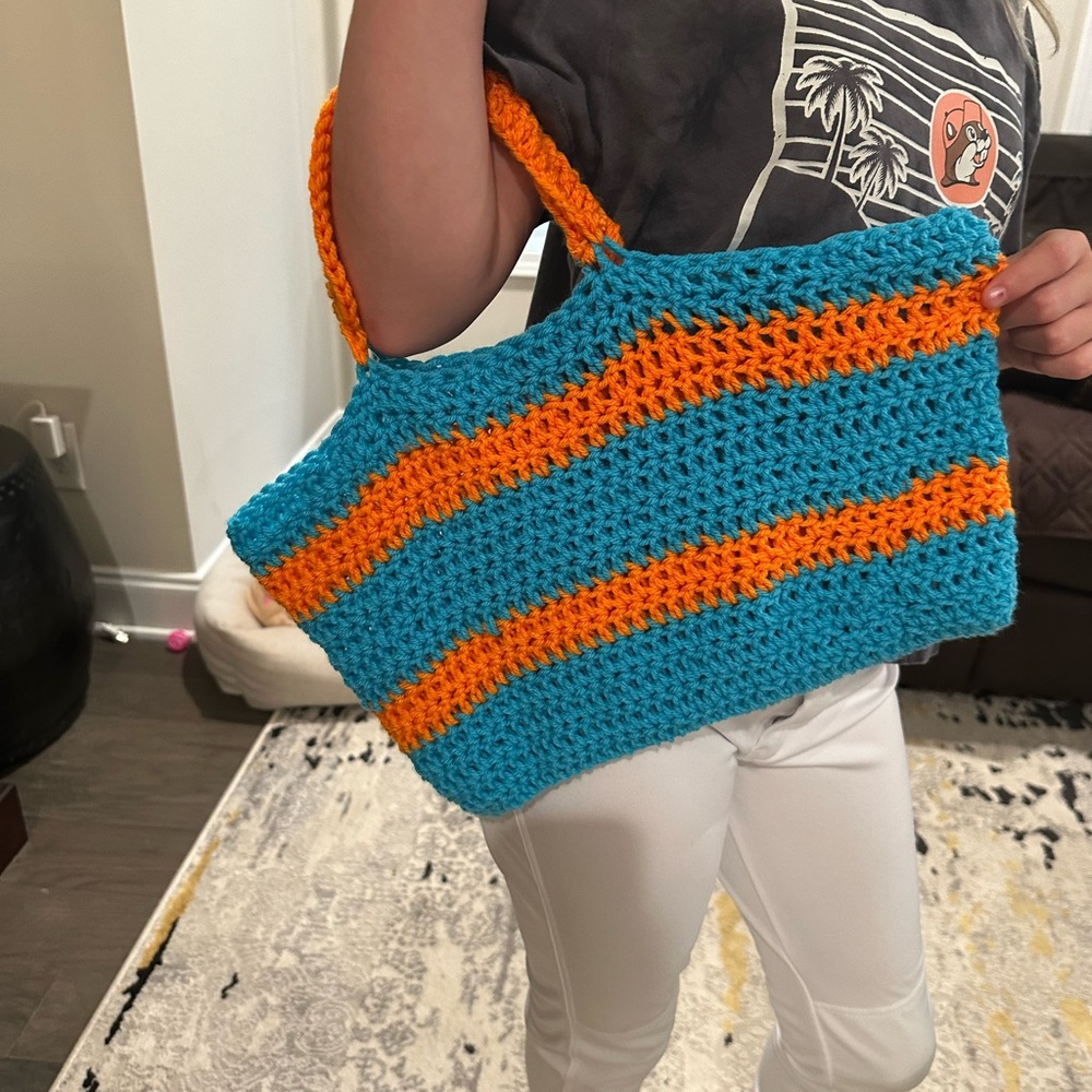 Handmade Blue & Orange Crochet Tote